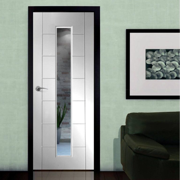 Silver glazed door with a black frame against a light green wall.