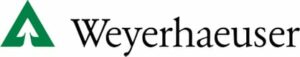 Weyerhaeuser logo. Black type next to a green triangle with a tree reversed in white.