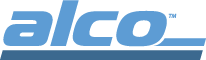 Blue alco logotype using bold italic lettering and underlined